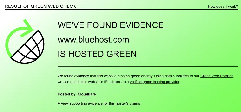 The Green Web Foundation verification for Bluehost
