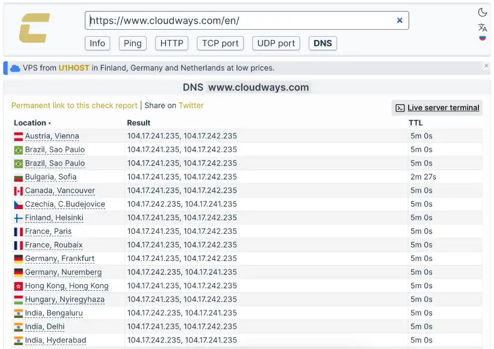 Cloudways DNS propagation test showing Cloudflare IPs