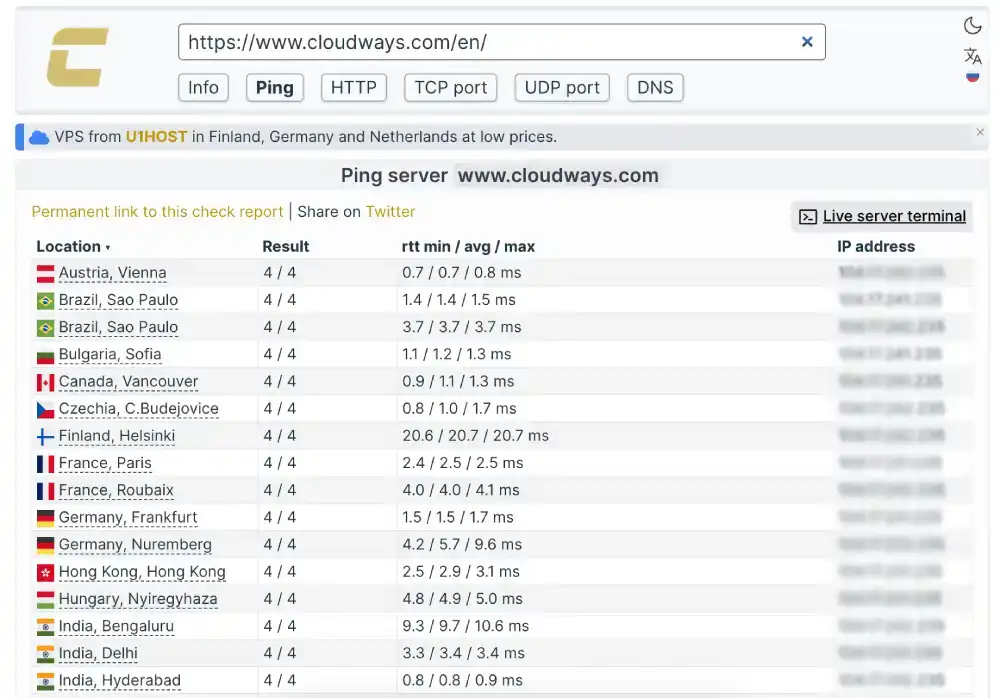 Cloudways global server ping test via Check-Host