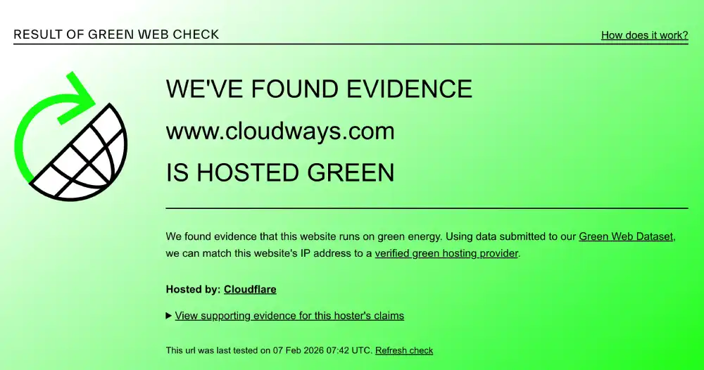 The Green Web Foundation verification for Cloudways