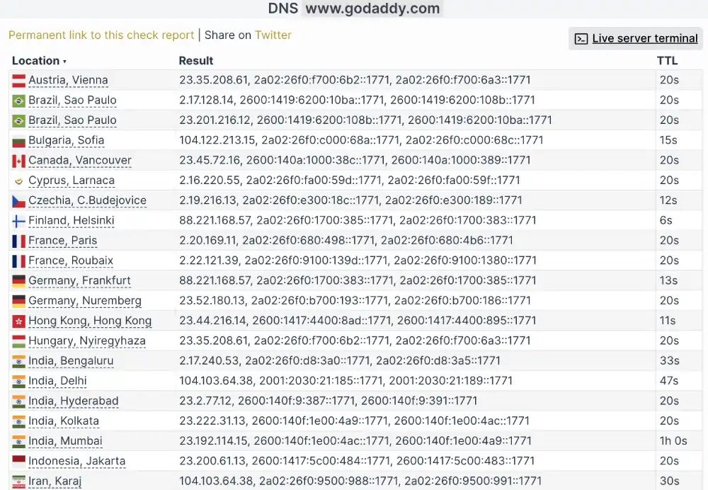 Global DNS lookup results for GoDaddy