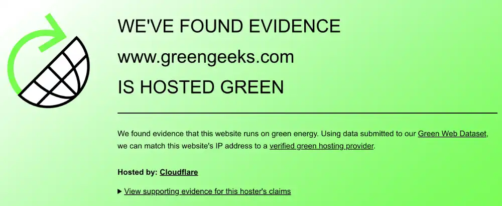 The Green Web Foundation verification for GreenGeeks