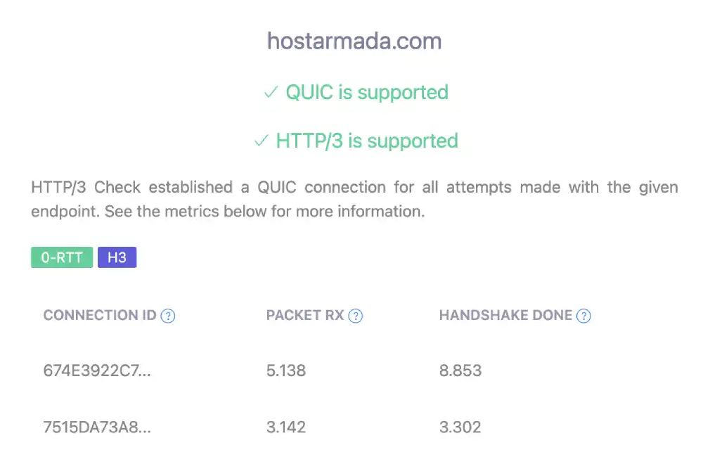 HTTP/3 protocol support test for HostArmada
