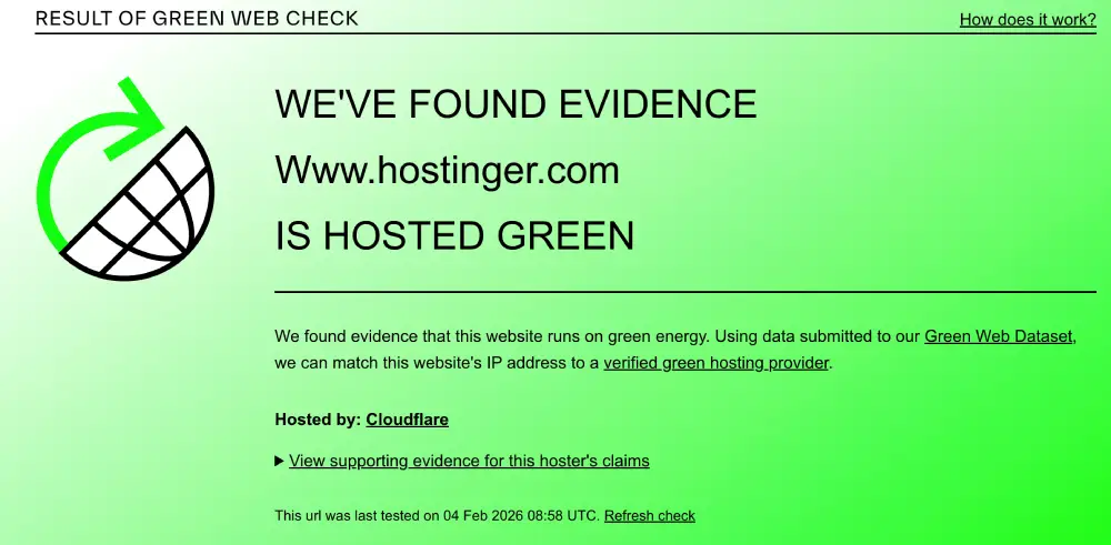 Hostinger.com Green Web Foundation certification result