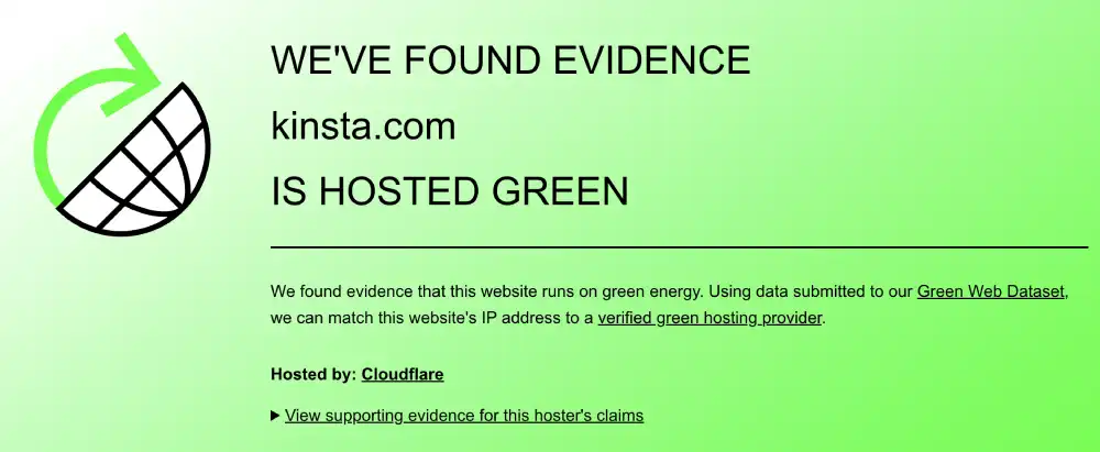 The Green Web Foundation verification for Kinsta