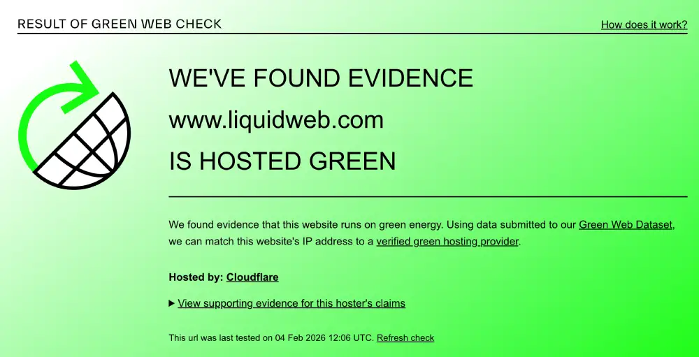 Liquid Web Green Web Foundation certification result