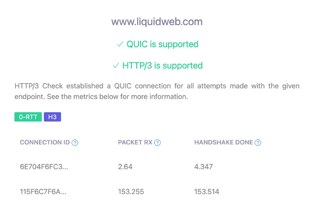 Liquid Web HTTP3 and QUIC protocol test