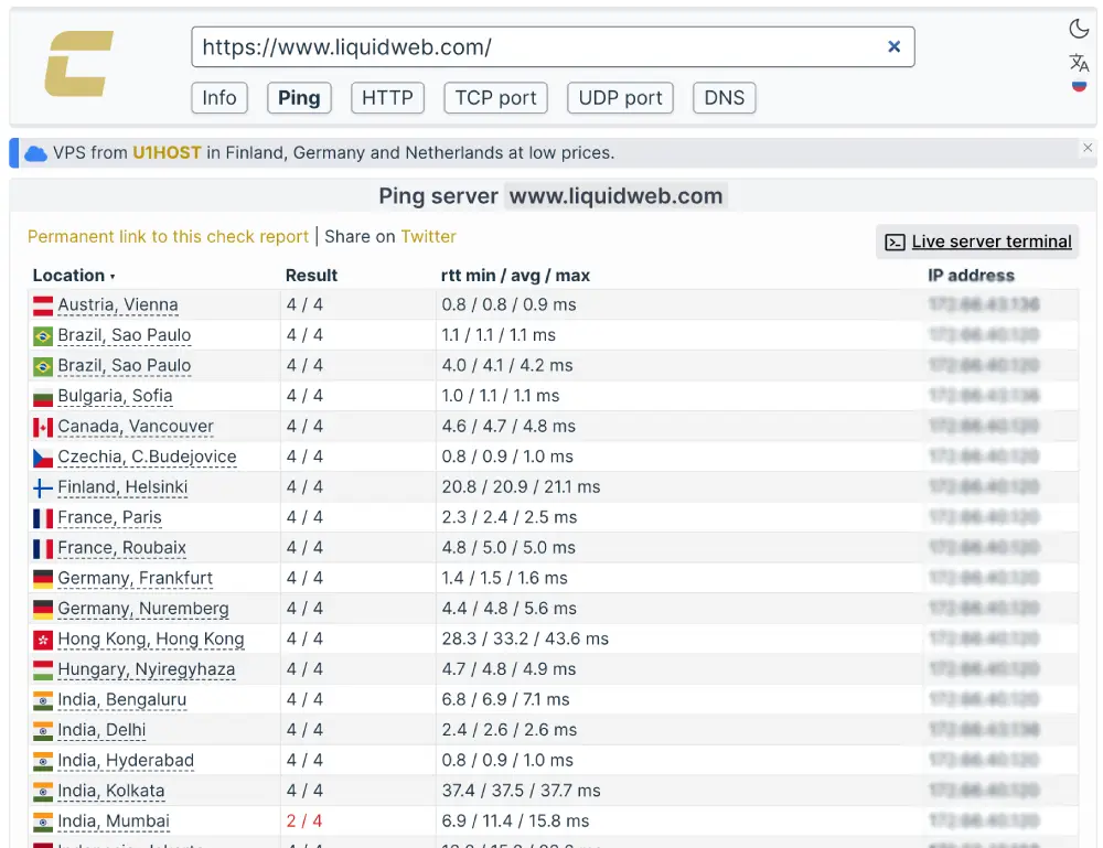 Liquid Web global server response time test