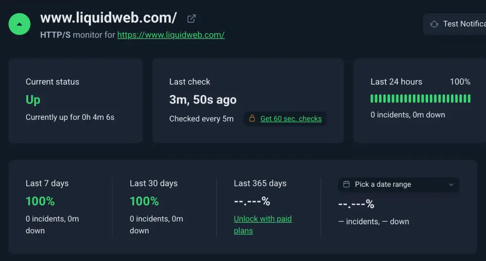 Liquid Web real uptime monitor results