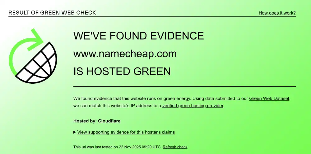 The Green Web Foundation verification for Namecheap