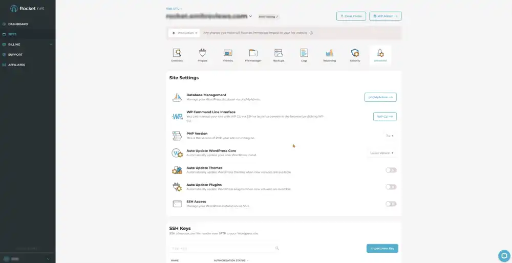 Rocket.net control panel