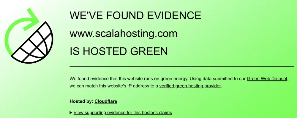 The Green Web Foundation verification for ScalaHosting