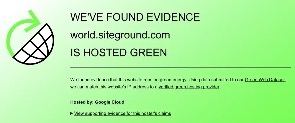 The Green Web Foundation verification for SiteGround