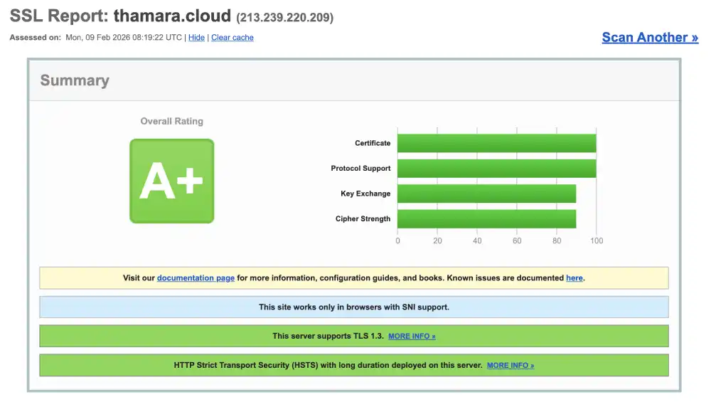 Qualys SSL Labs security report for Thamara Cloud