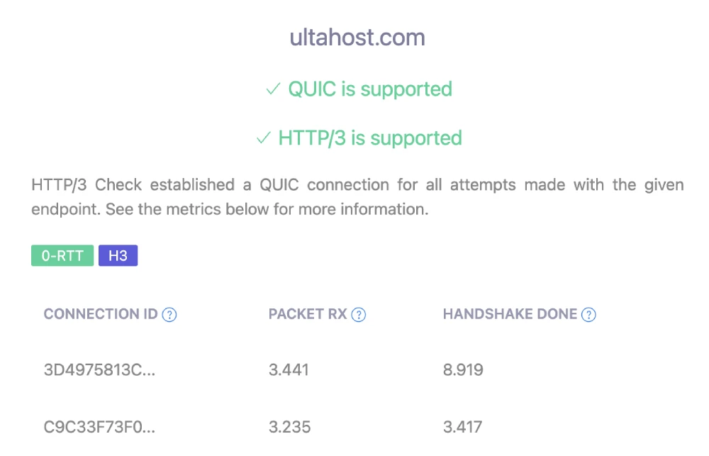 Ultahost HTTP3 and QUIC protocol test