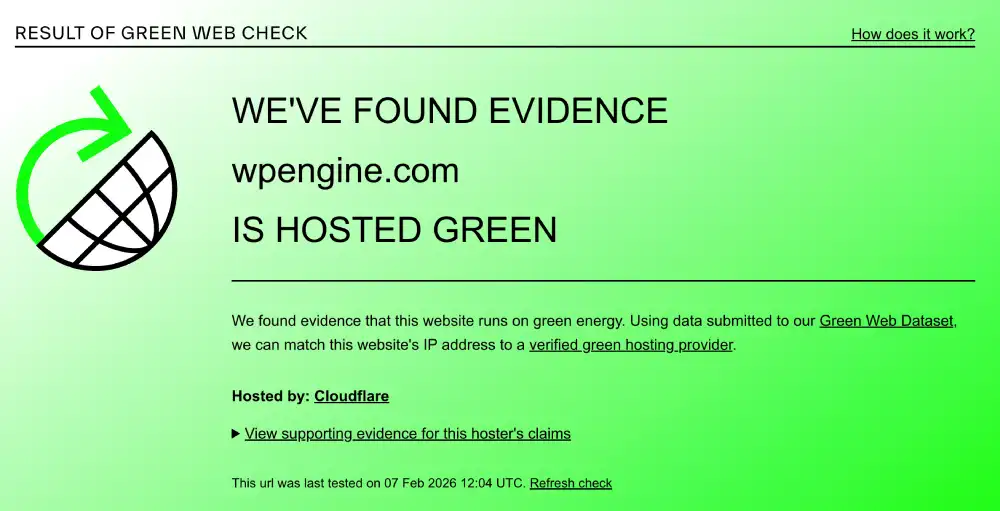The Green Web Foundation verification for WP Engine