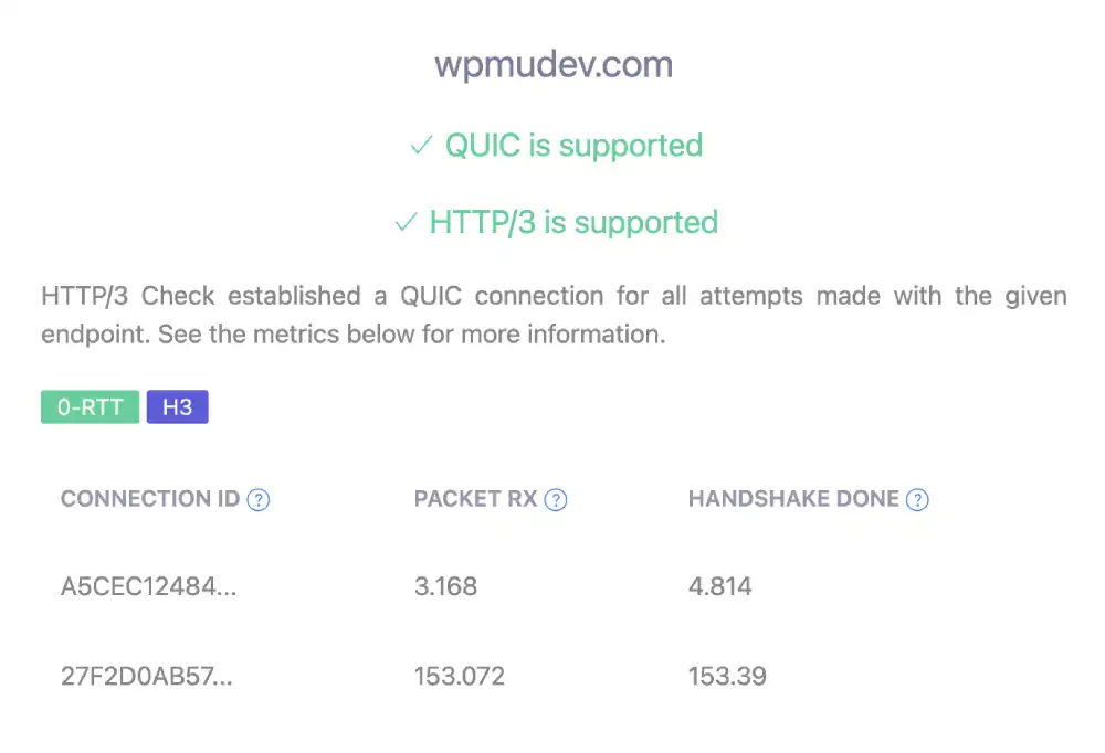 HTTP/3 protocol support test for WPMU DEV