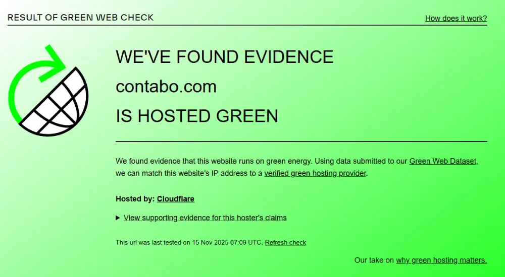 Contabo.com Green Web Foundation certification result