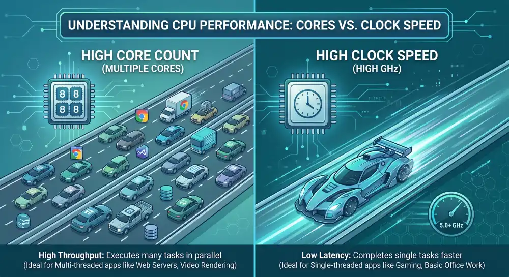 Difference between CPU cores and clock speed.