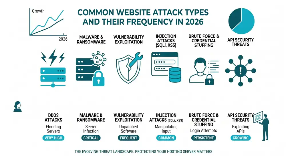 Infographic of 2026 website attack types and frequencies.
