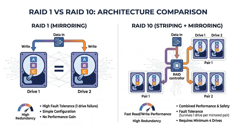 Difference between RAID 1 and RAID 10 storage configurations.