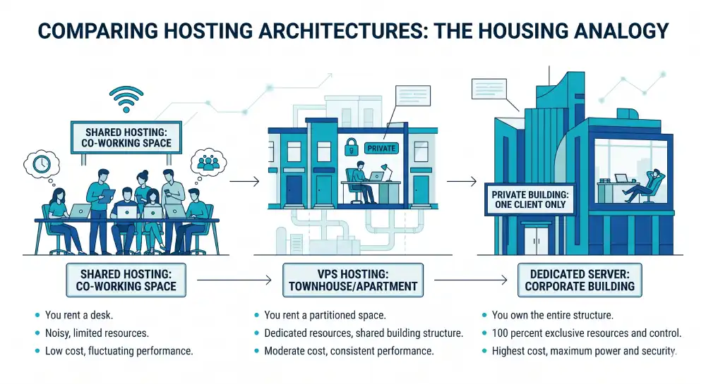 Difference between shared vs VPS vs dedicated server hosting.