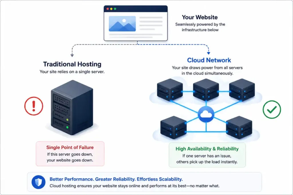 traditional hosting compared with cloud hosting network infographic