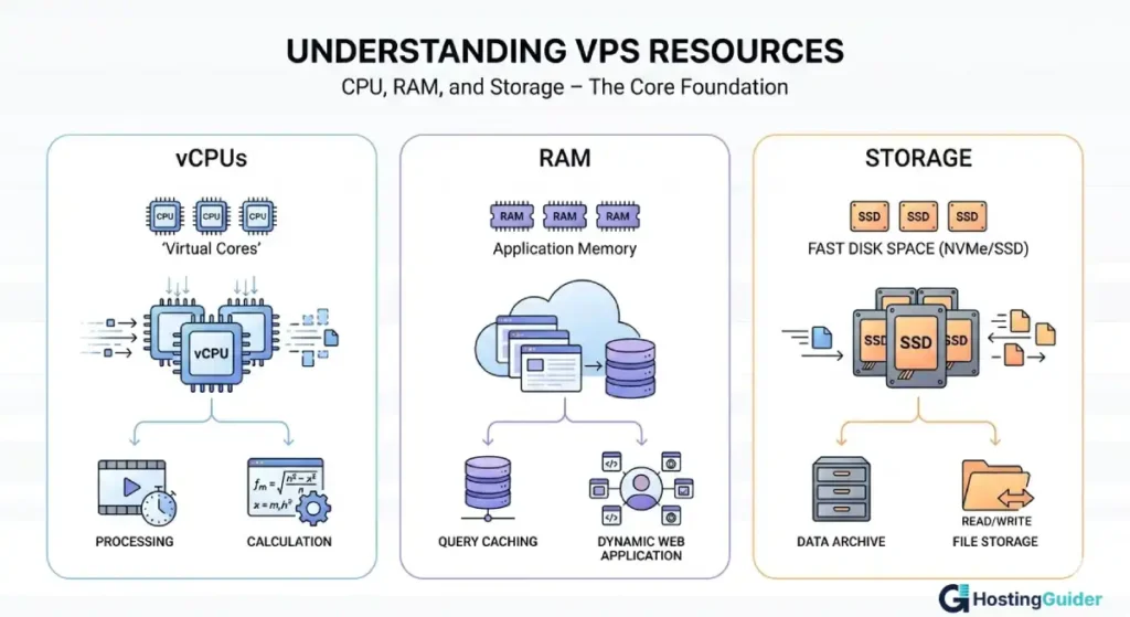 vps hosting resources infographic showing vcpu ram and storage