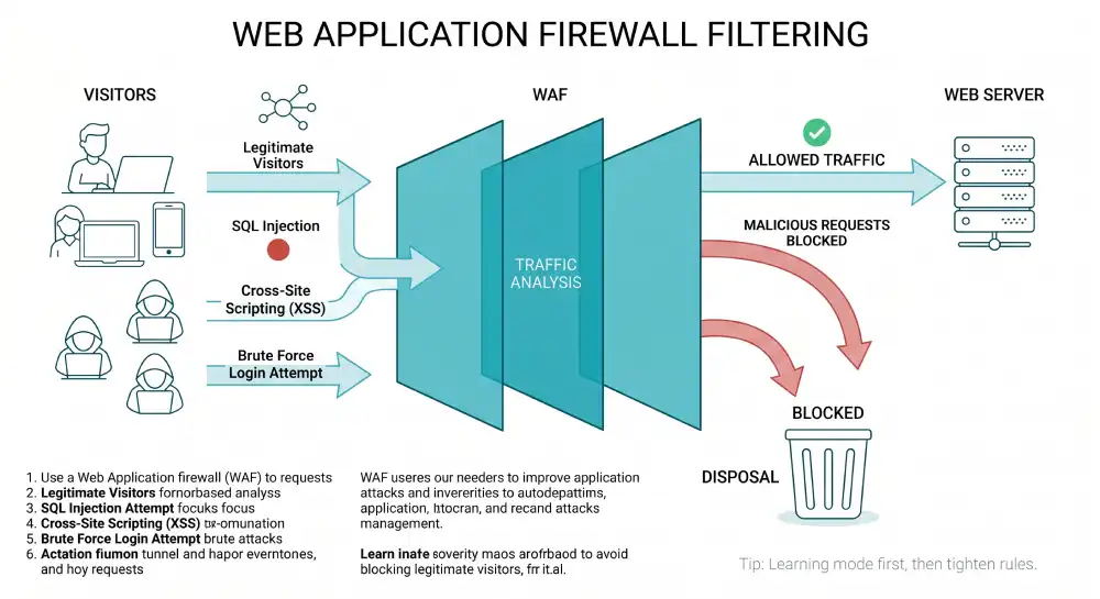 Diagram of WAF filtering malicious web requests.