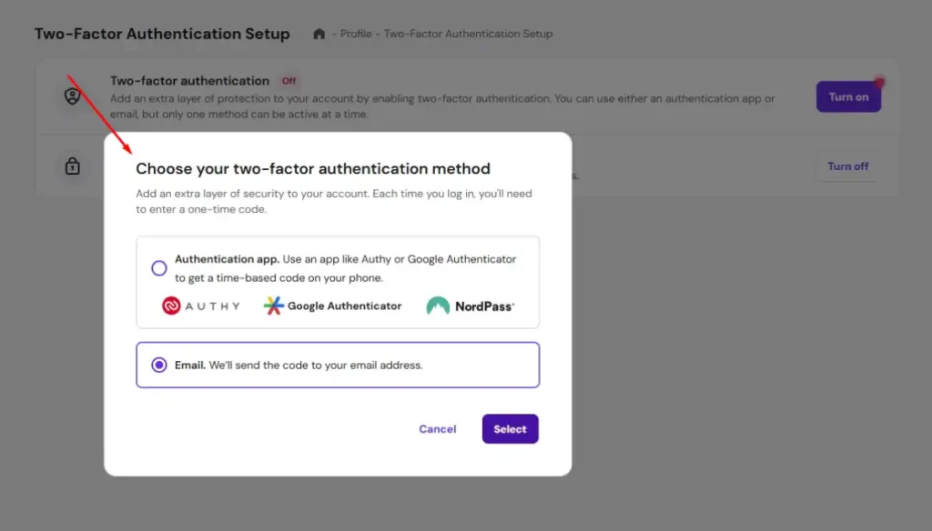 2FA Methods Hostinger