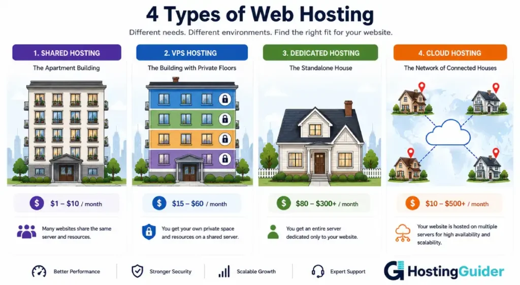 Comparison of 4 web hosting types with simple illustrations.