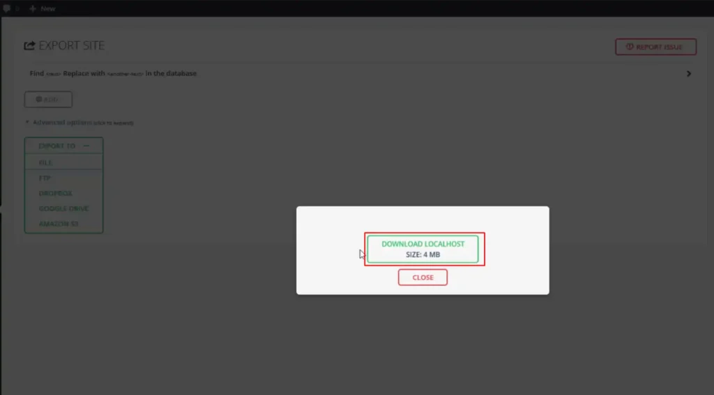 all in one wp migration export page screenshot