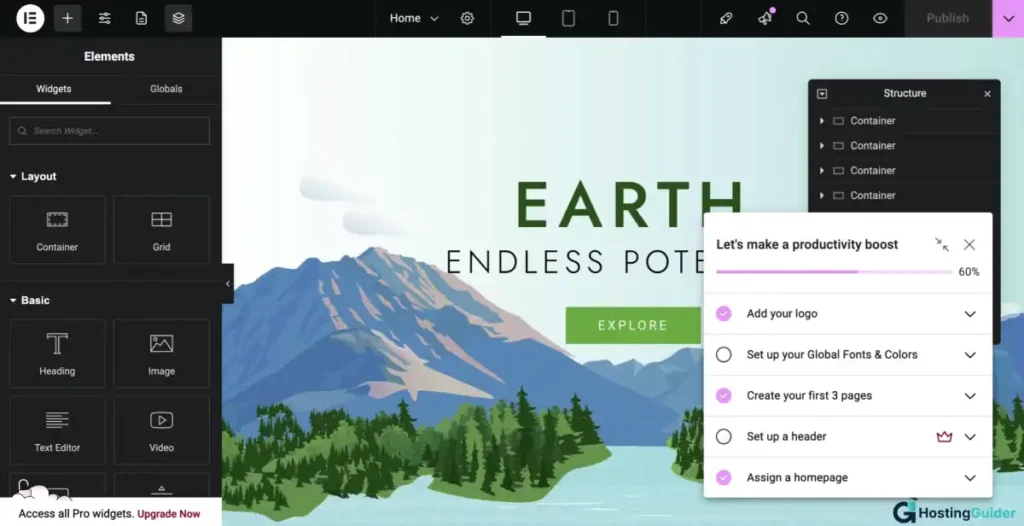 elementor editor interface annotated screenshot