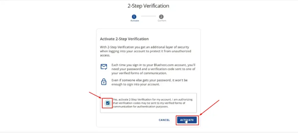 2-step verification activation bluehost