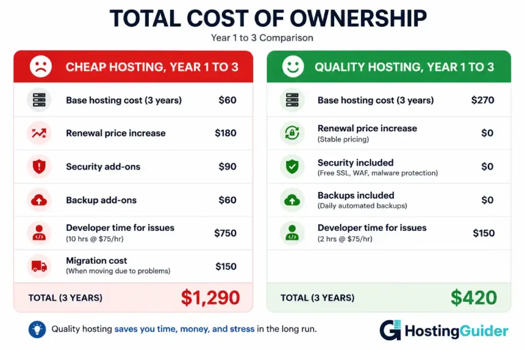 3-year hosting cost comparison between cheap and quality hosting.