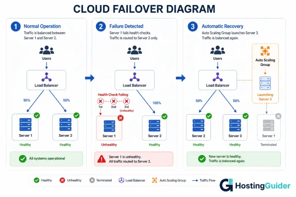Cloud failover process infographic with load balancer and auto scaling