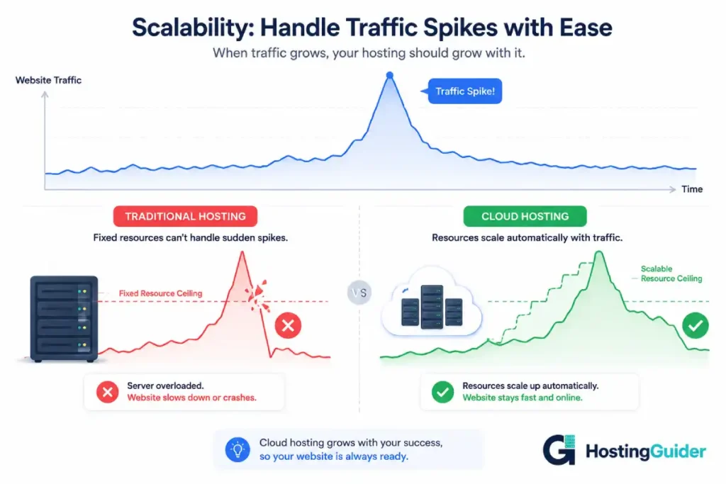 cloud hosting scalability vs traditional hosting traffic spike comparison