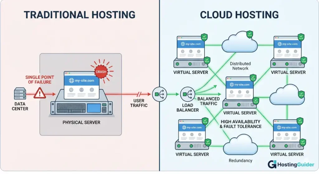 Comparison between Cloud Hosting and Traditional Hosting infrastructure showing a distributed network vs. a single server setup.