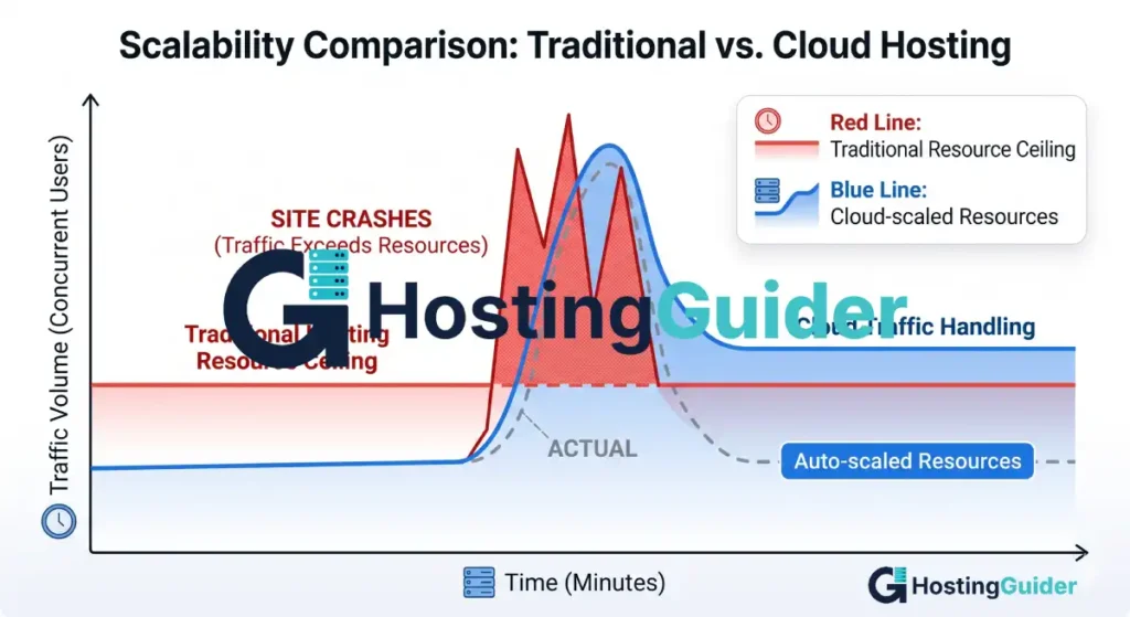 Scalability graph comparing cloud hosting auto-scaling vs. traditional hosting resource limits during a traffic spike.