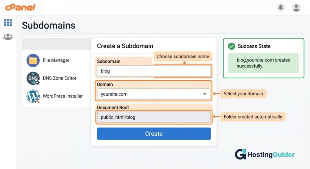 cpanel subdomain creation form tutorial