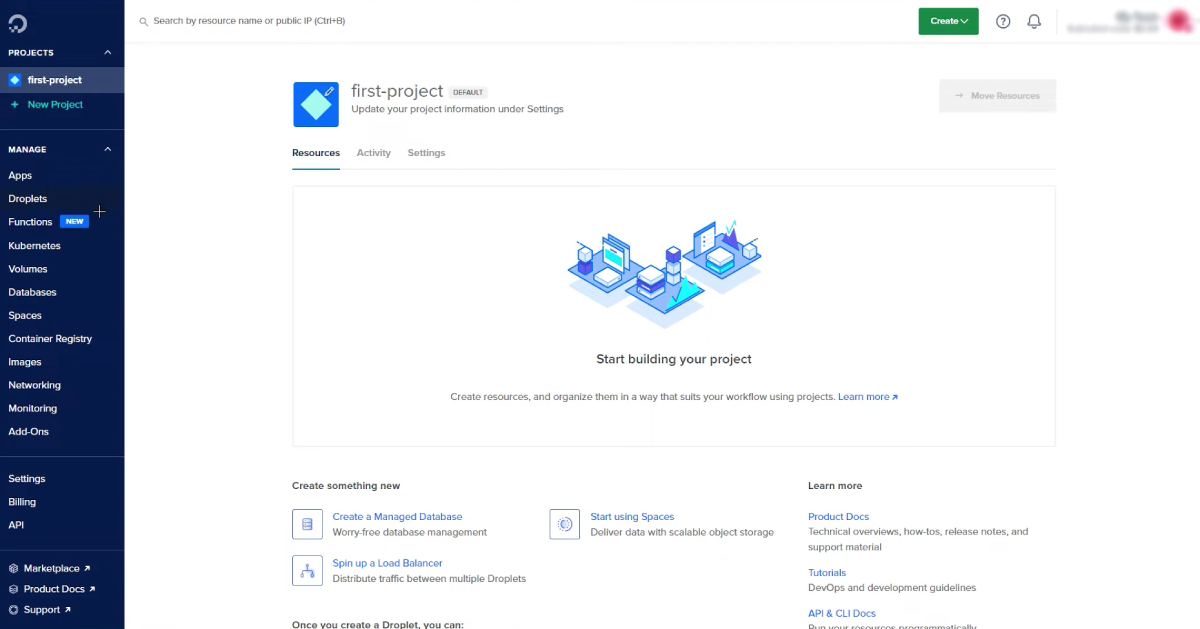 DigitalOcean cloud control panel dashboard interface
