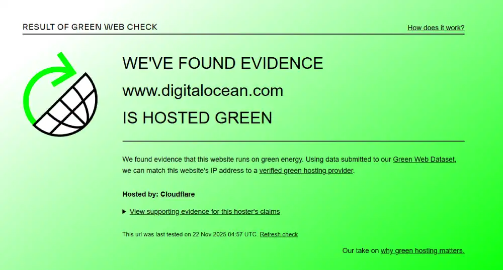 DigitalOcean green hosting certification status