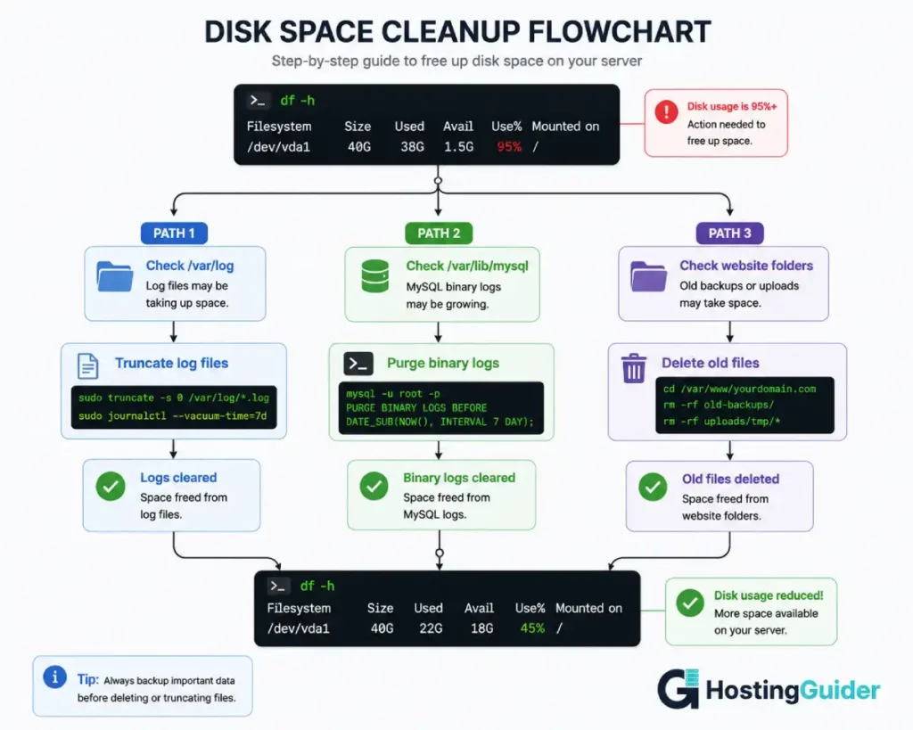 disk cleanup flowchart for Linux VPS server
