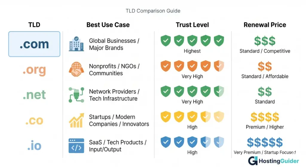 best domain extensions comparison com org io co