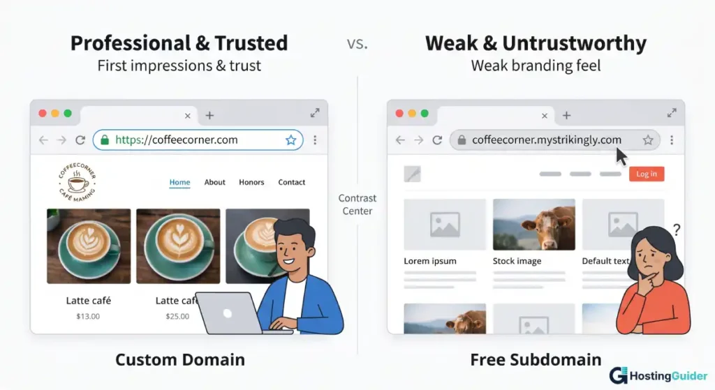 professional custom domain vs free subdomain trust comparison