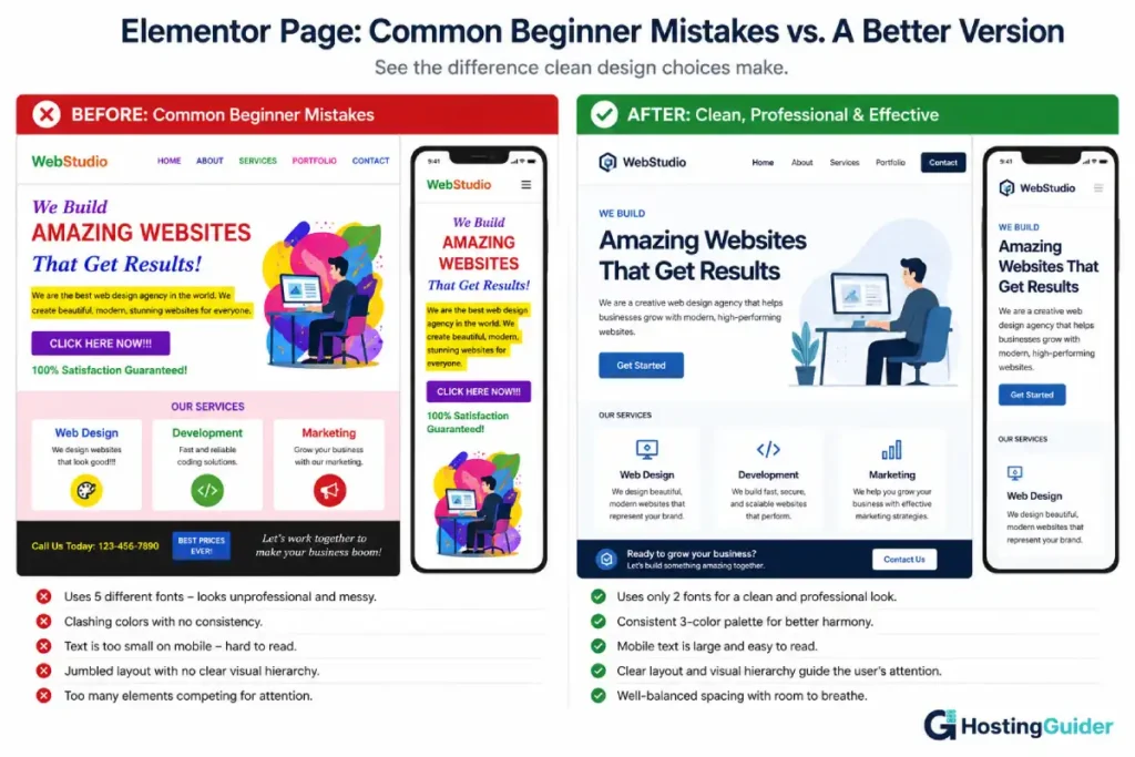 elementor beginner mistakes vs good design comparison