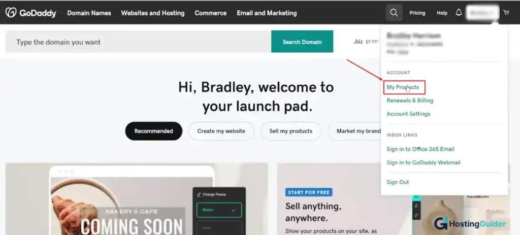 godaddy account dropdown menu showing my products option