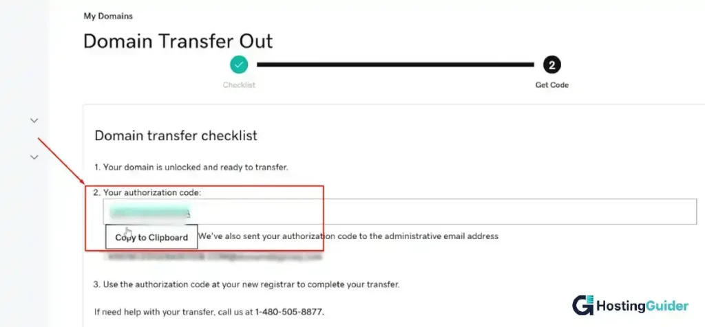 godaddy domain transfer out page with authorization code and copy to clipboard button