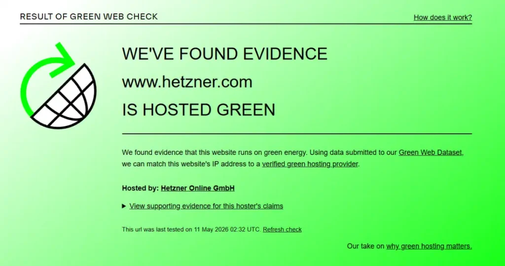 Hetzner sustainability and green hosting performance test.