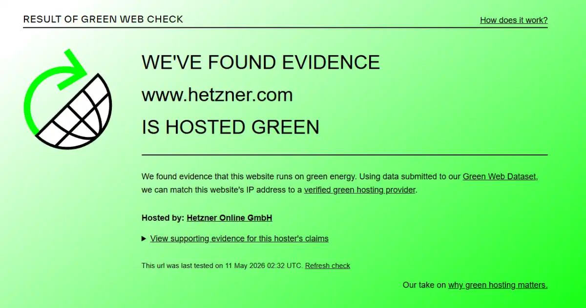Hetzner sustainability and green hosting performance test.